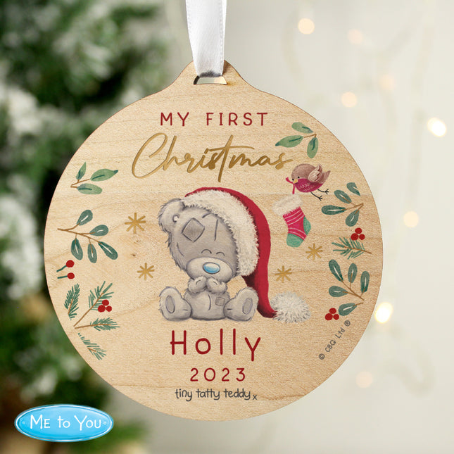 Tiny Tatty Teddy - First Christmas Round Wooden Decoration - Personalised