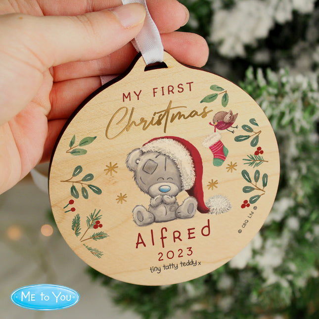 Tiny Tatty Teddy - First Christmas Round Wooden Decoration - Personalised
