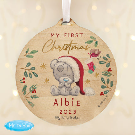 Tiny Tatty Teddy - First Christmas Round Wooden Decoration - Personalised