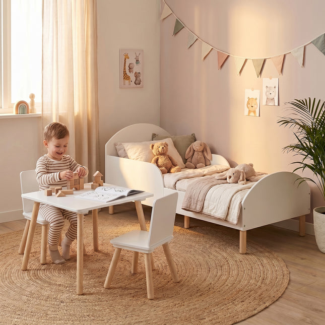 Toddler Bed + Table & Chairs Set - White