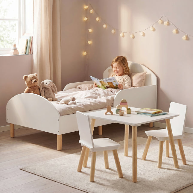 Toddler Bed + Table & Chairs Set - White