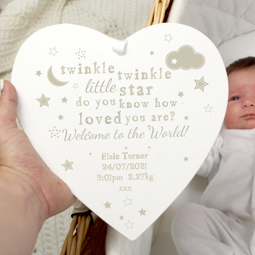 Twinkle Twinkle - Personalised Large Wooden Heart Decoration