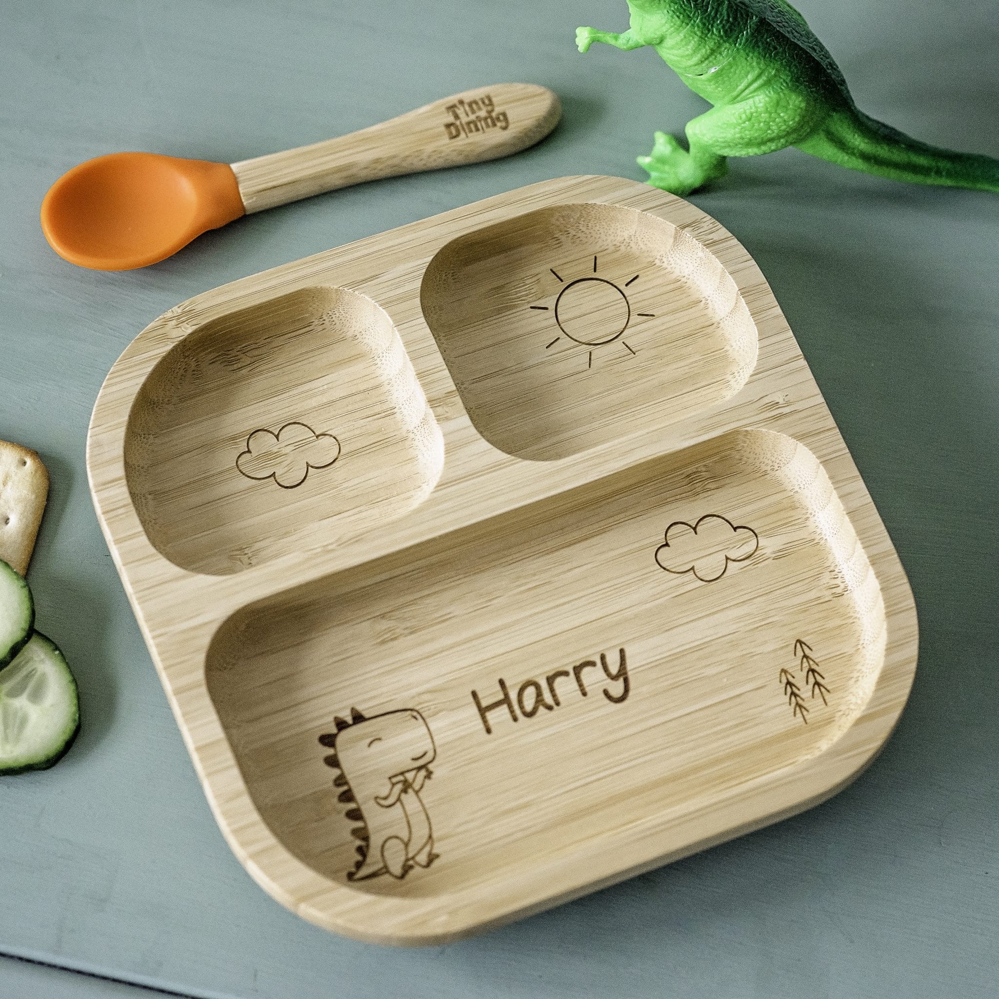 Personalised - Dinosaur Bamboo Suction Plate & Spoon - Signature Gifts - Junior Bambinos