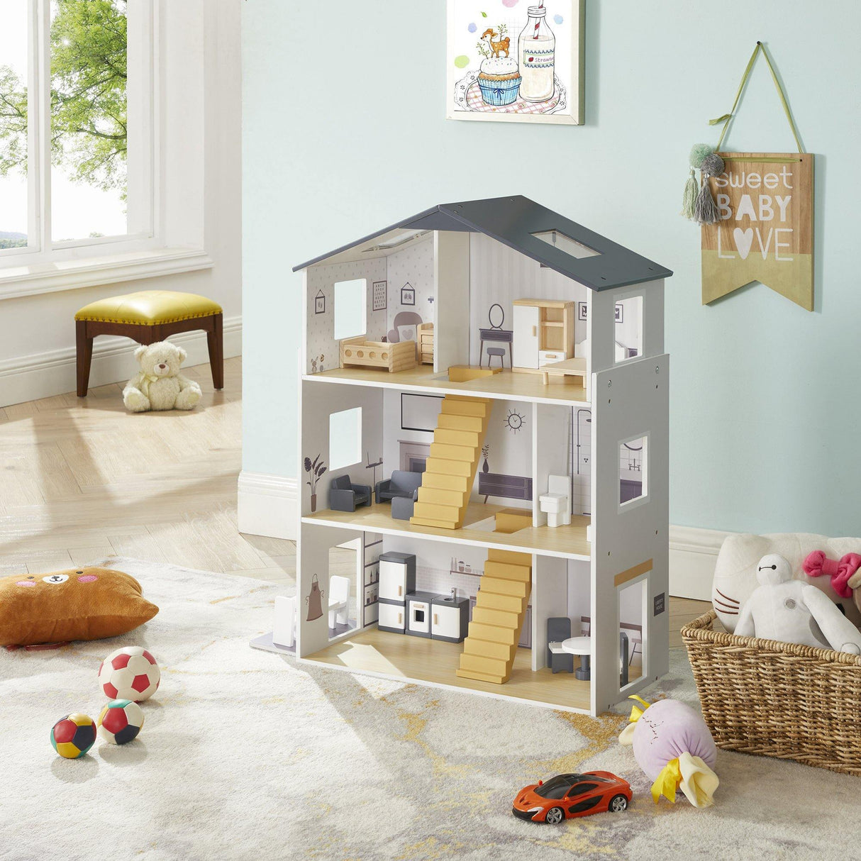 Grey Dolls House with Furniture & Accessories - Junior Bambinos