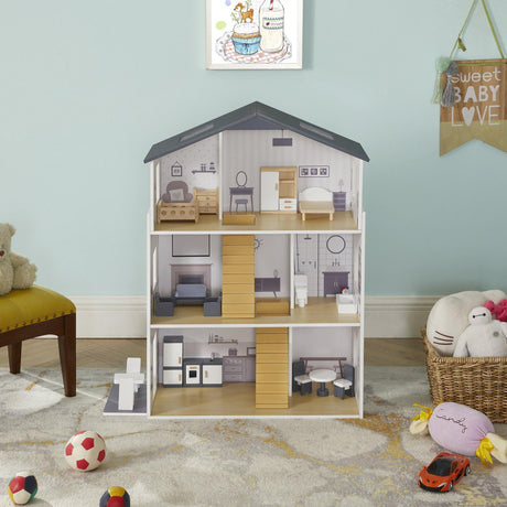 Grey Dolls House with Furniture & Accessories - Junior Bambinos