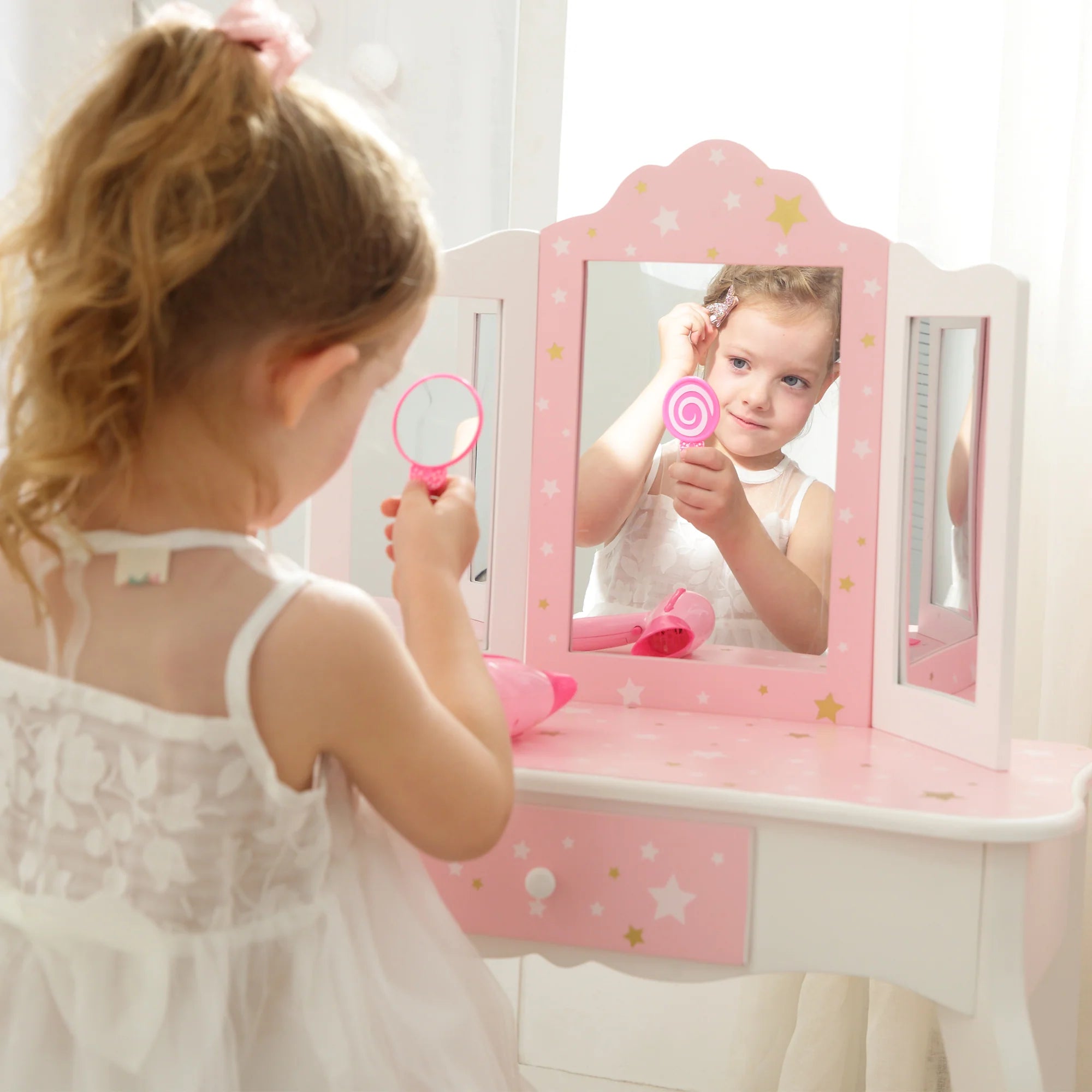 Teamson Kids - Fashion Polka Dot Prints Gisele Play Vanity Set with LED Mirror Light - White / Gold