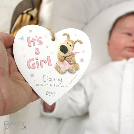 Boofle - Personalised It's a Girl Wooden Heart Decoration - Personalised Memento Company - Junior Bambinos