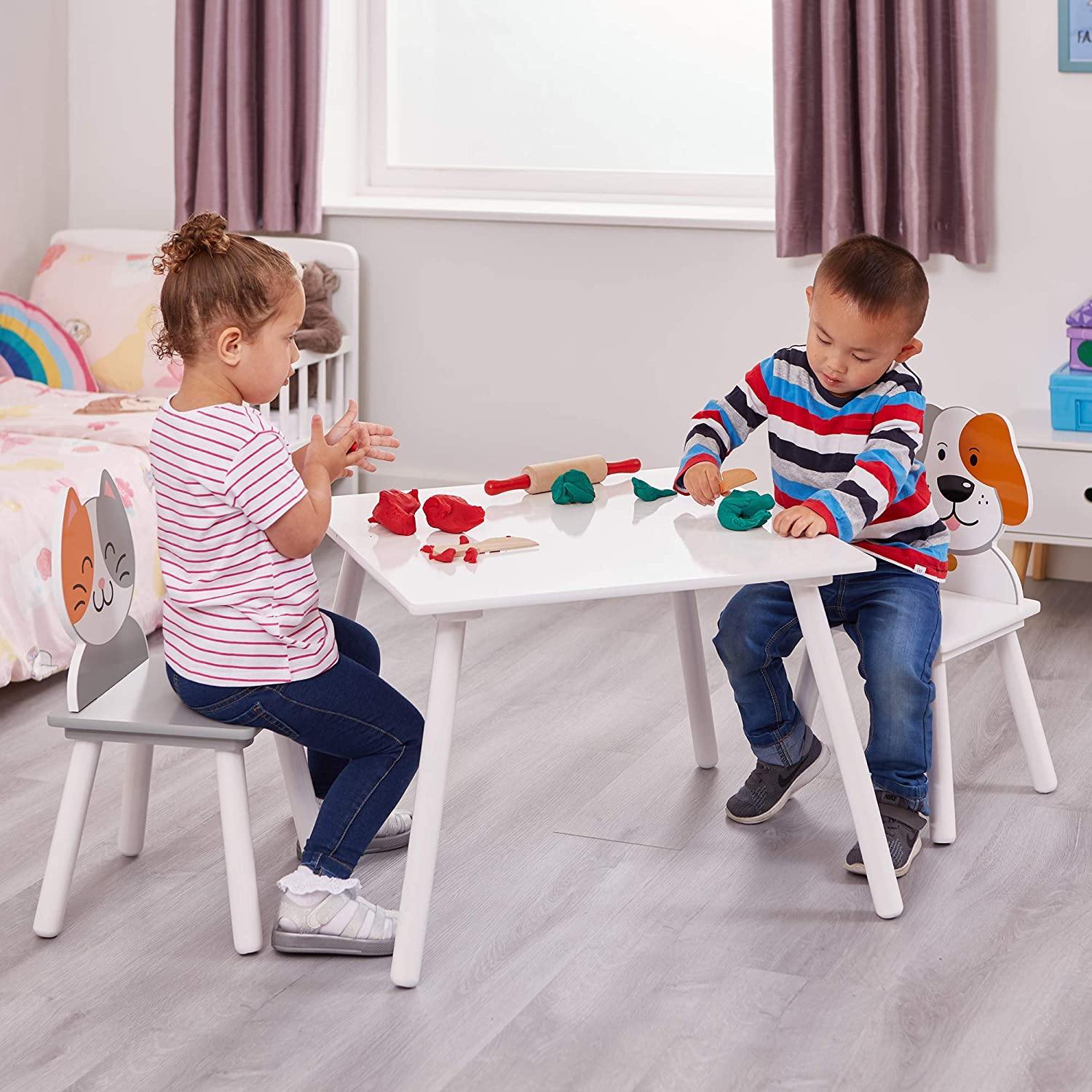 Cat & Dog White Table & Chairs - Junior Bambinos
