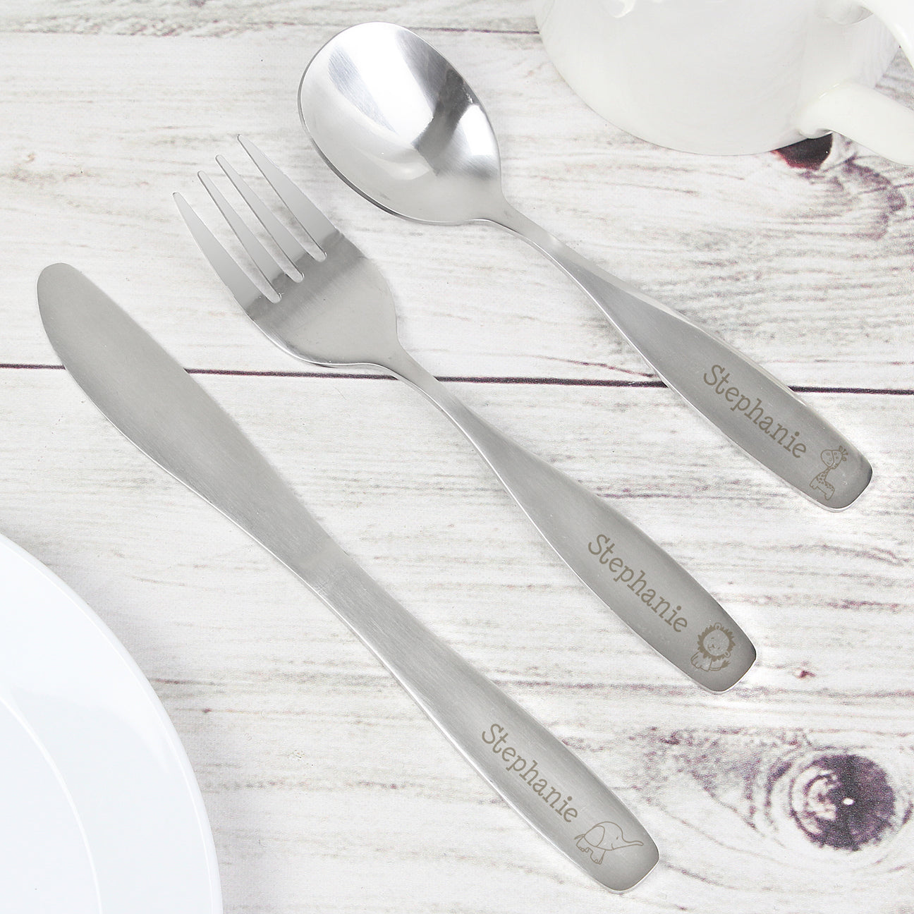 Personalised Hessian Friends - Giraffe, Lion & Elephant 3 Piece Cutlery Set - Personalised Memento Company - Junior Bambinos