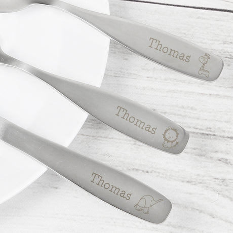 Personalised Hessian Friends - Giraffe, Lion & Elephant 3 Piece Cutlery Set - Personalised Memento Company - Junior Bambinos