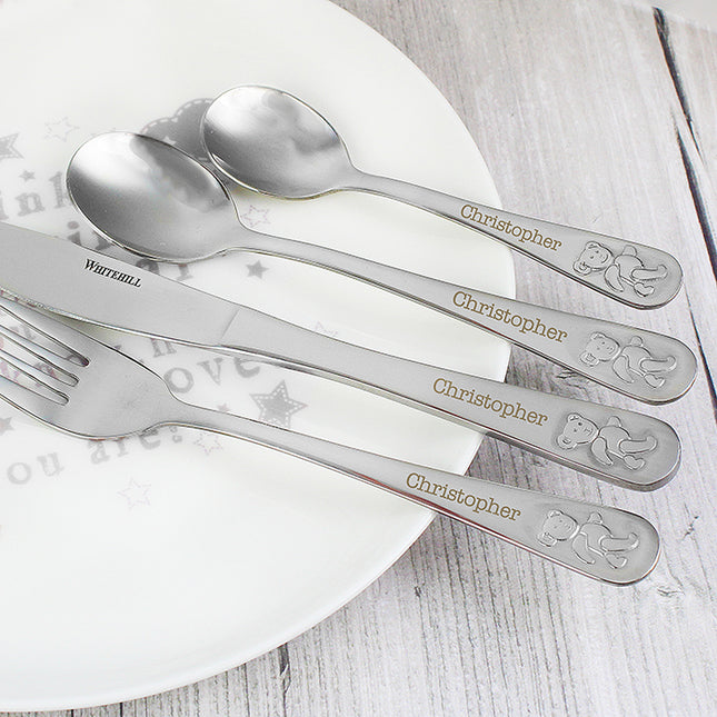 Teddy - Personalised Embossed 4 Piece Cutlery Set - Teddy - Junior Bambinos