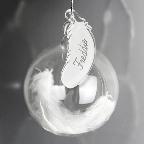 Personalised - Feather Glass Bauble - White - Junior Bambinos