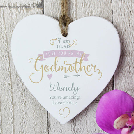 Personalised I'm glad you're my Godmother Wooden Heart Decoration - Junior Bambinos