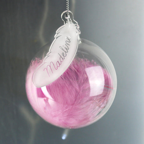 Personalised - Feather Glass Bauble - Pink - Junior Bambinos