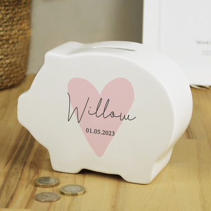 Pink Heart Piggy Bank - Personalised