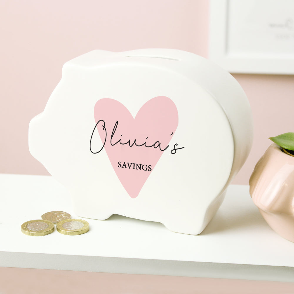 Pink Heart Piggy Bank - Personalised