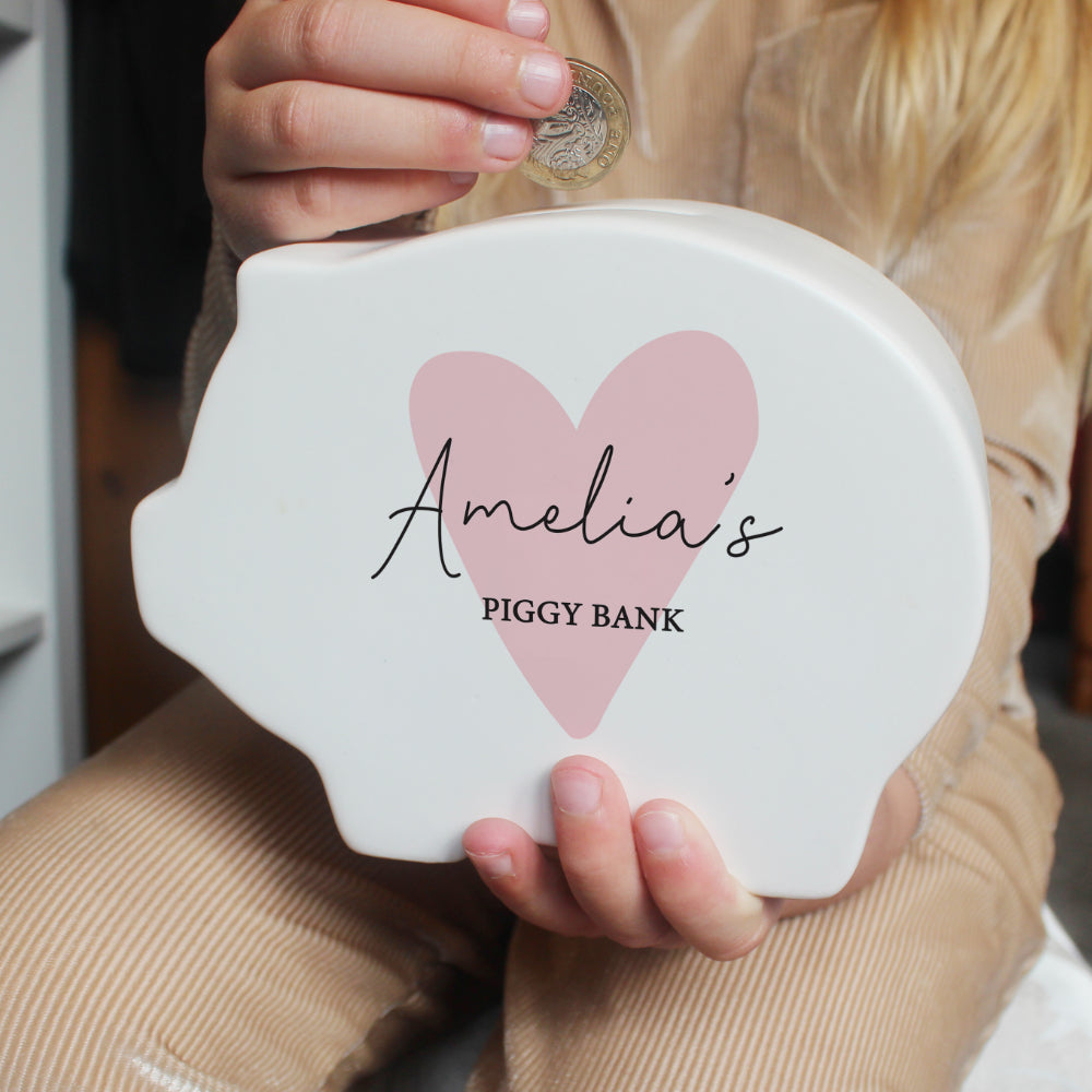 Pink Heart Piggy Bank - Personalised