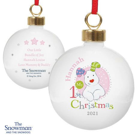 The Snowman & The Snowdog - Personalised My 1st Christmas Pink Bauble - Personalised Memento Company - Junior Bambinos