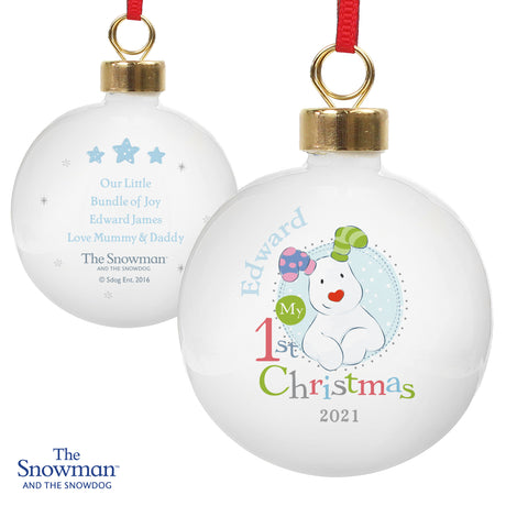 The Snowman & The Snowdog - Personalised My 1st Christmas Blue Bauble - Personalised Memento Company - Junior Bambinos