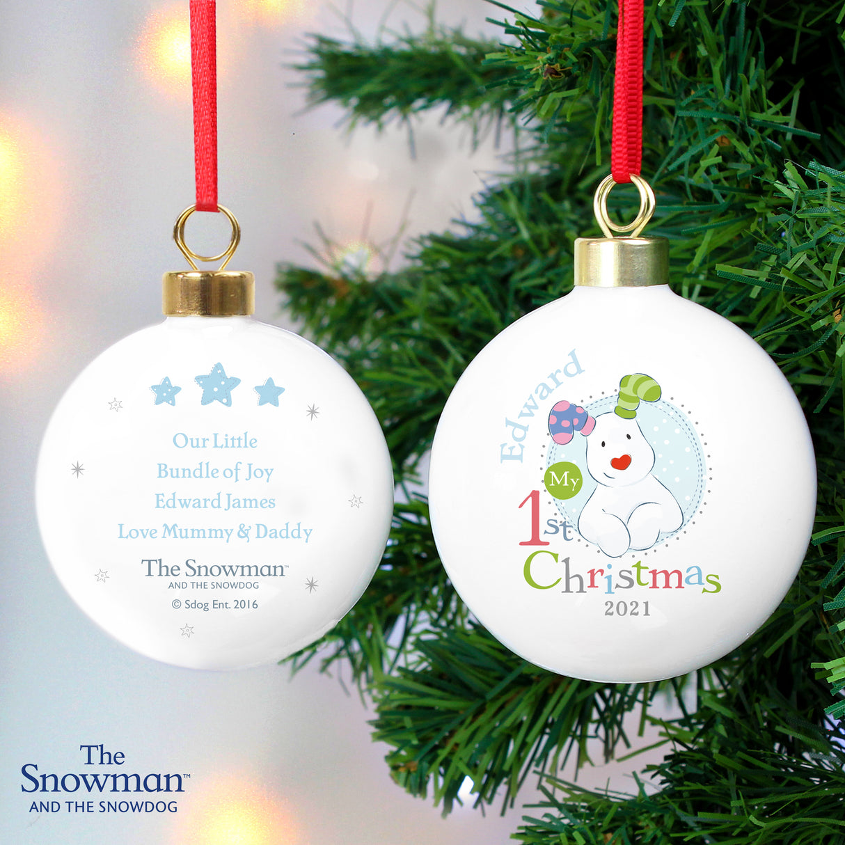 The Snowman & The Snowdog - Personalised My 1st Christmas Blue Bauble - Personalised Memento Company - Junior Bambinos