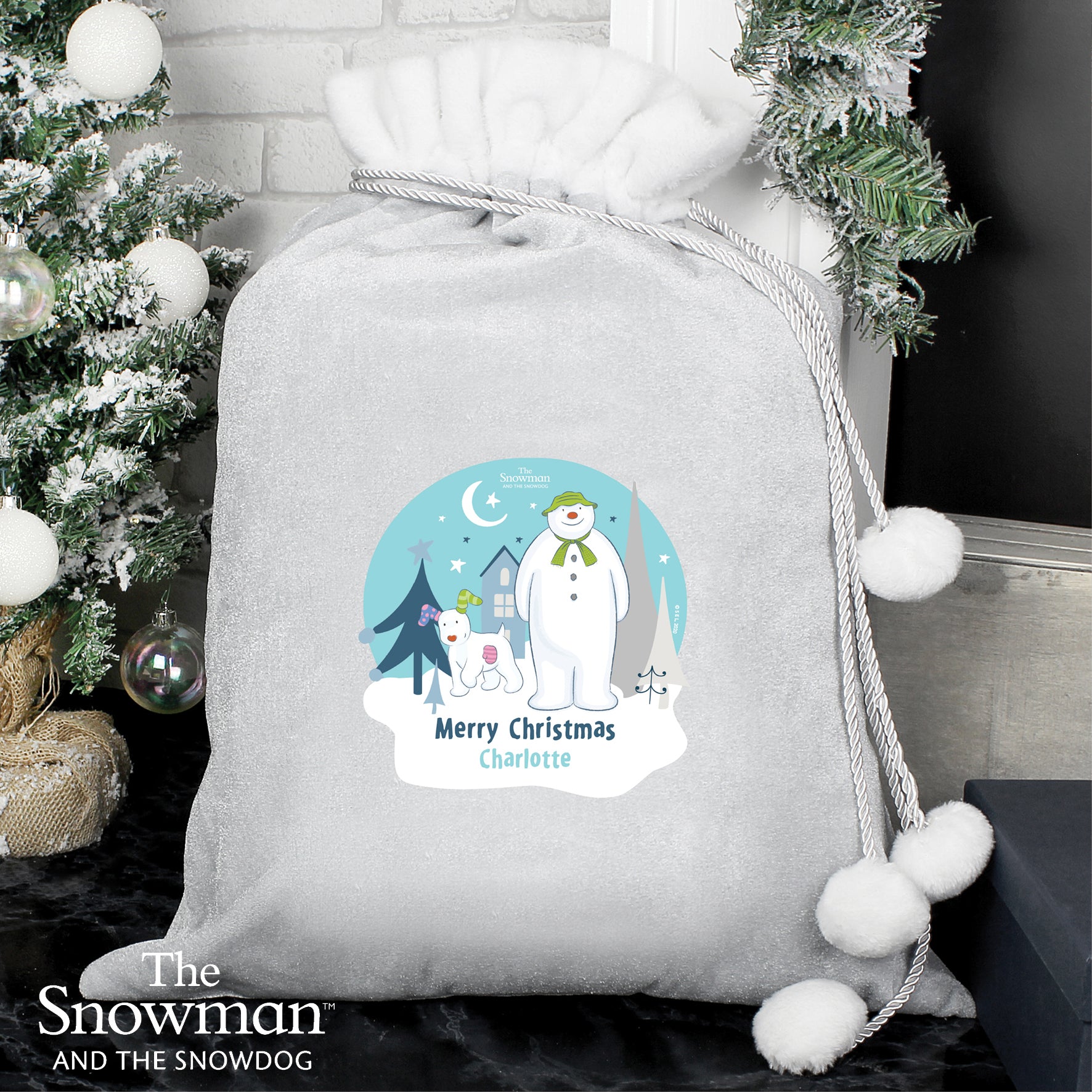 The Snowman and the Snowdog Luxury Silver Grey Pom Pom Sack - Personalised Memento Company - Junior Bambinos